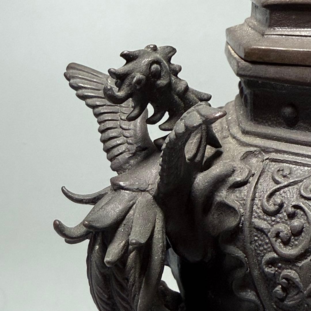 二上常太郎 元威作　蝋型鋳銅　細密細工　鳳凰耳牡丹獅子香炉　造形美　最高位作