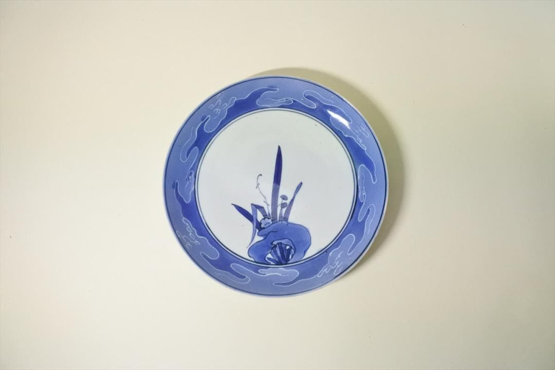 江戸前期　藍九谷　水仙図　中皿　骨董品　アンティーク