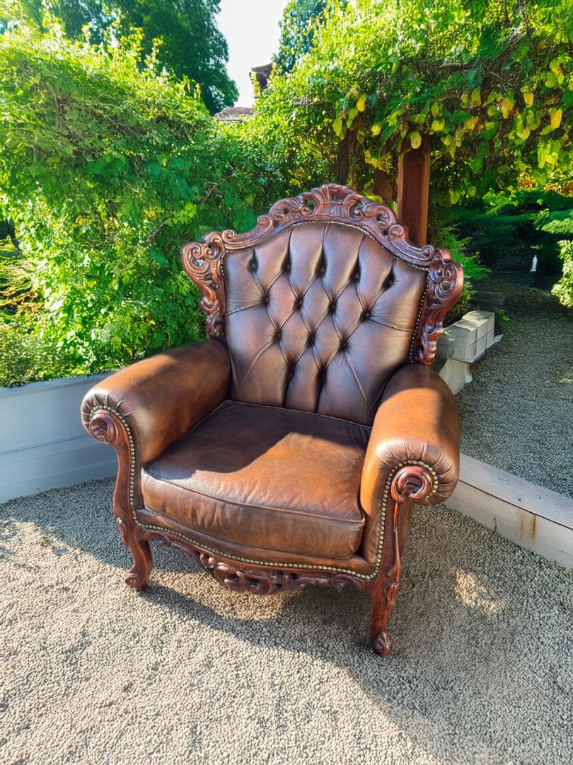 イタリア製 ロココ様式最高級本革張り1人掛けソファ　1Pソファ