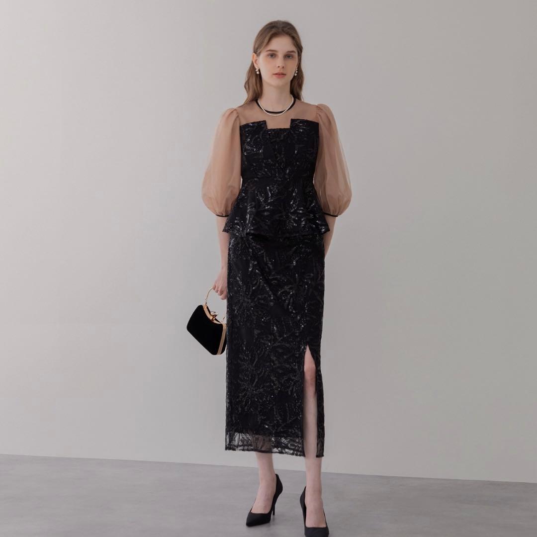 シアーパフスリーブペプラムスパンコール花柄Iラインドレスワンピース 2点セット