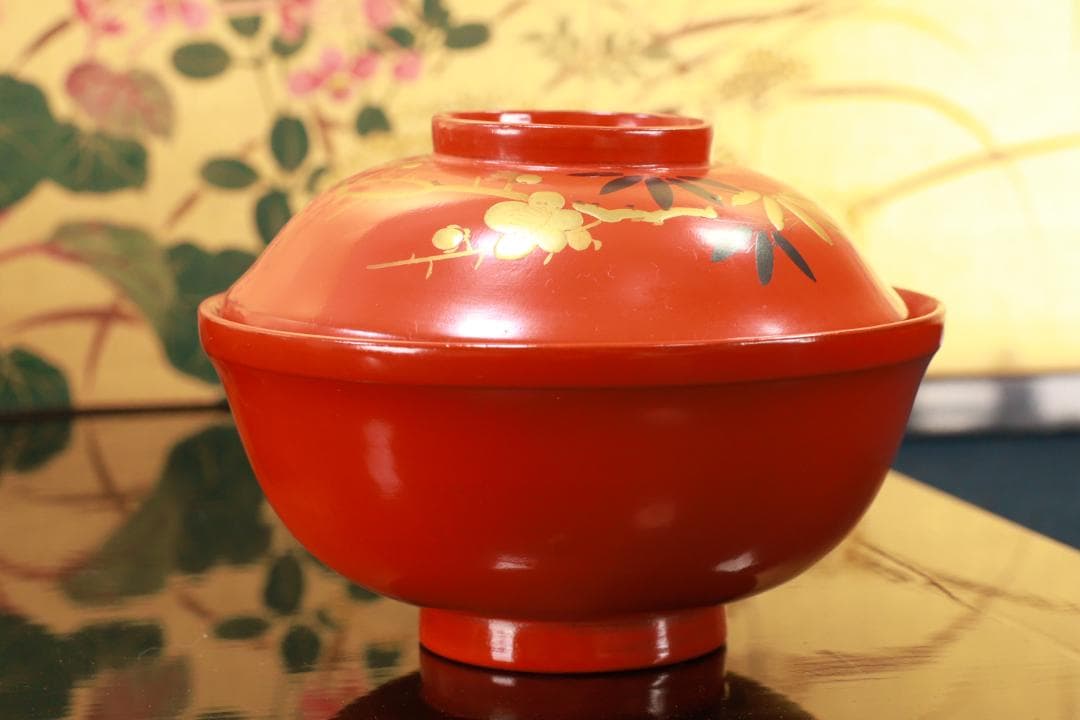 時代漆器　輪島塗　松竹梅蒔絵 　吸物椀　五客　塗椀　汁椀　木製　BJ073