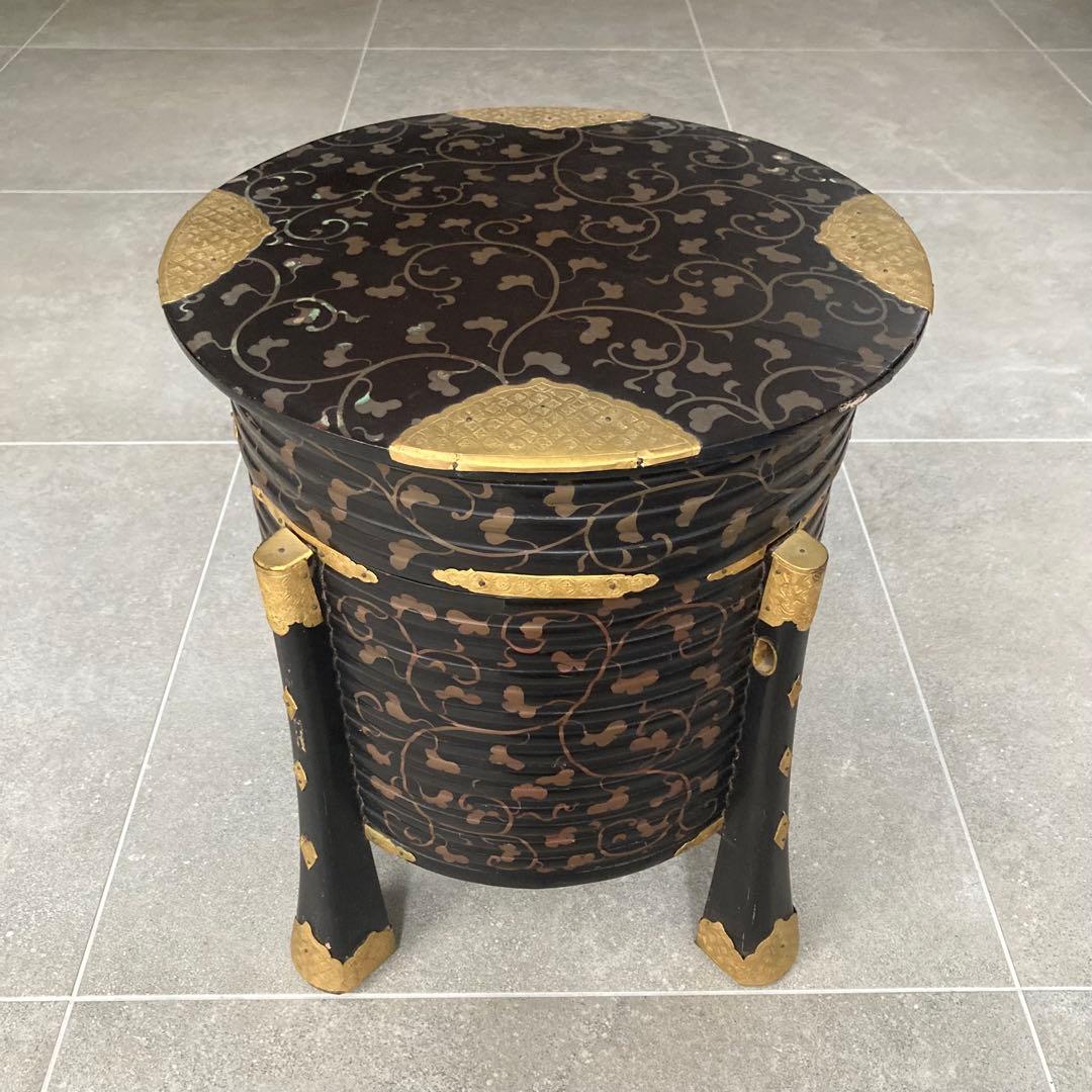 骨董アンティーク 漆塗りの行器 ほかい 金細工 日本美術 工芸品 吉祥文様 和柄