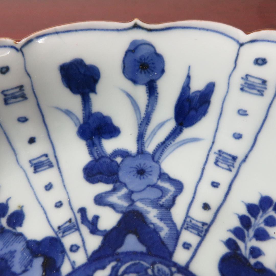 なます皿 鉢 3枚 染付 芙蓉手 花文様 花弁縁 銘 江戸 明治 美品