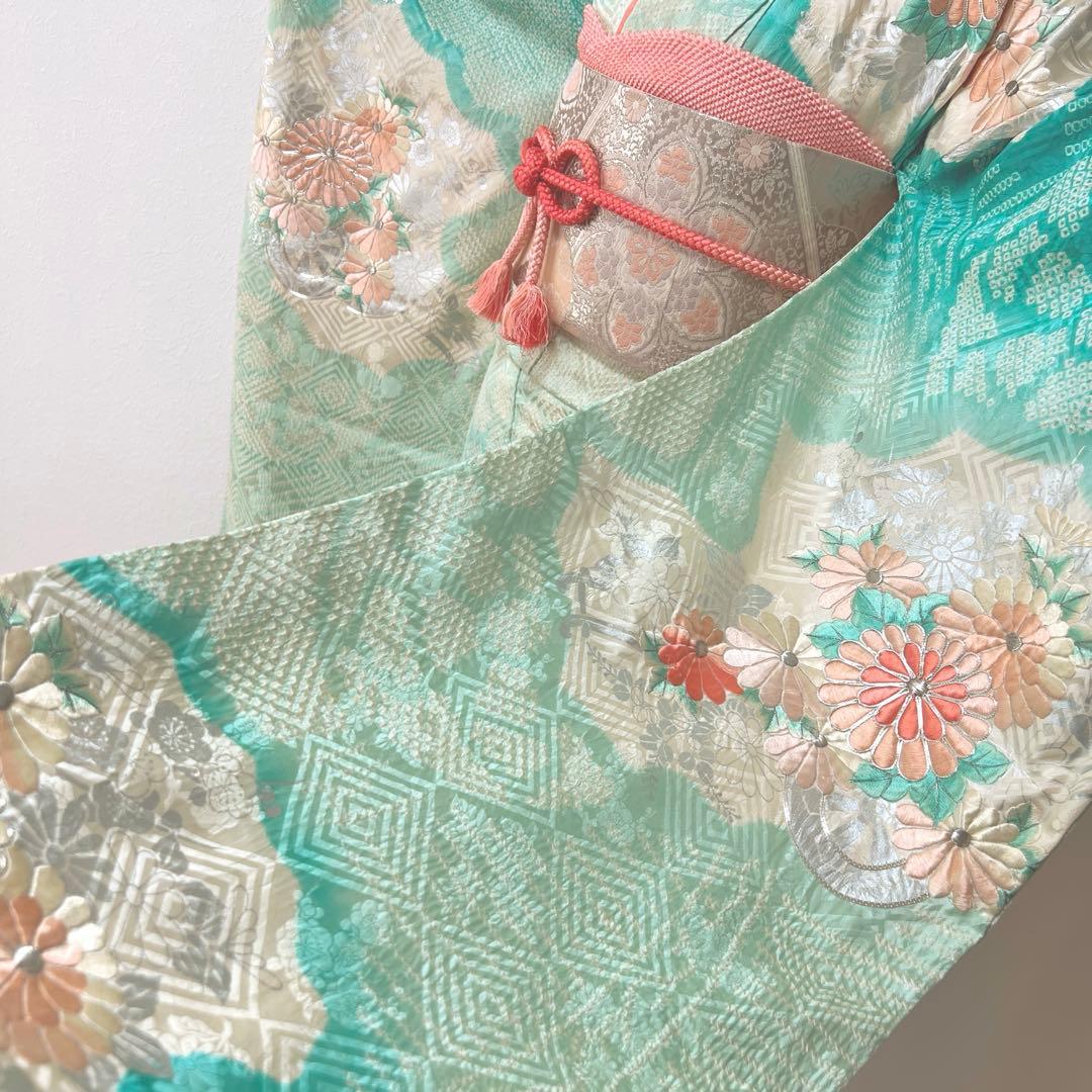 428 振袖フルセット 正絹 青緑 ピーコックグリーン 銀彩 駒刺繍 刺繍 絞り