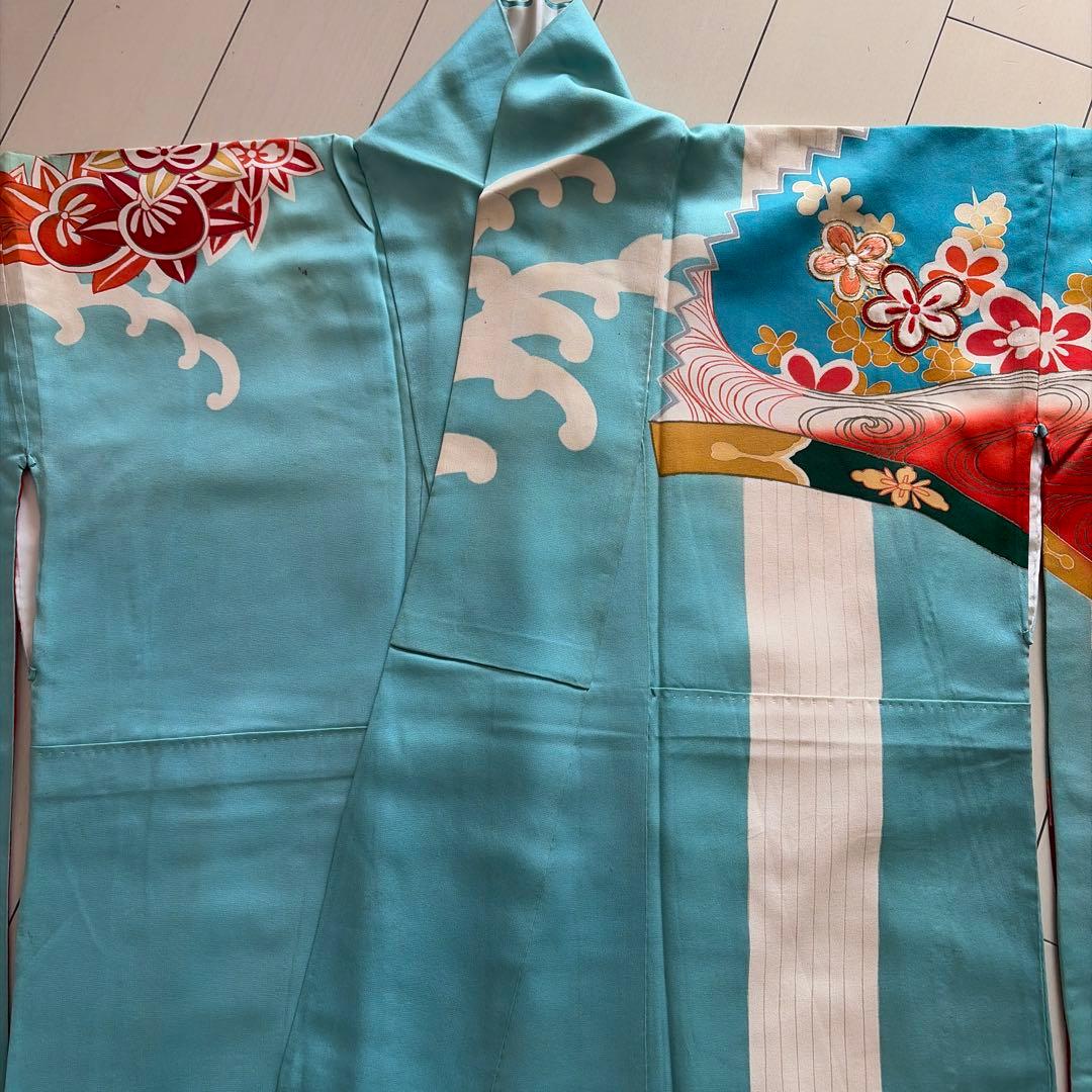 a*i様 ■E5787■アンティーク■正絹■水色　宝尽し柄　袷　小振袖■丈163