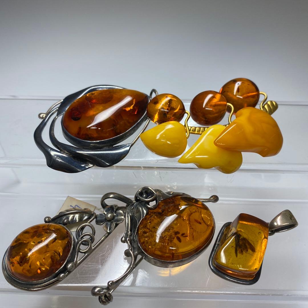 本蝋琥珀ブローチ　925刻印　本琥珀ブローチ5点　タエチ　50g