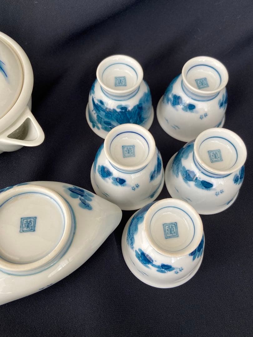 畑萬陶苑 畑萬作 角萬印 染付山水絵 茶器セット 玉露茶器 煎茶器 松山窯