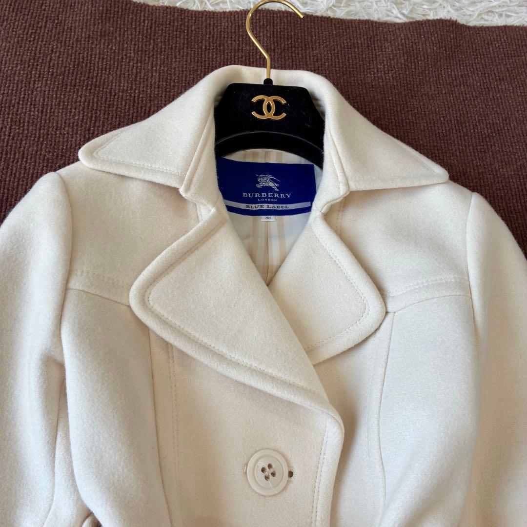 バーバリーブルーレーベル アンゴラ混 チェスターコート 裏地チェック ホワイト