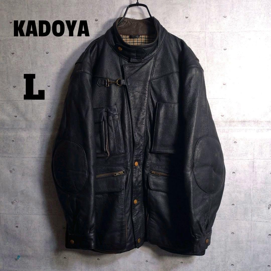 カドヤ★超希少 リアルレザー 牛革 エルボーパッチ ライダースジャケット 黒 L