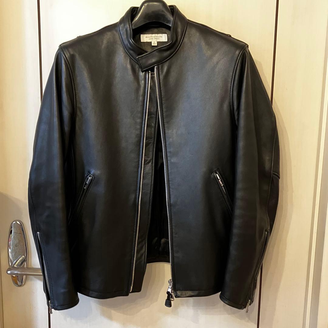 BEAUTY & YOUTH シングル ライダース・ジャケット（羊革、ブラック）