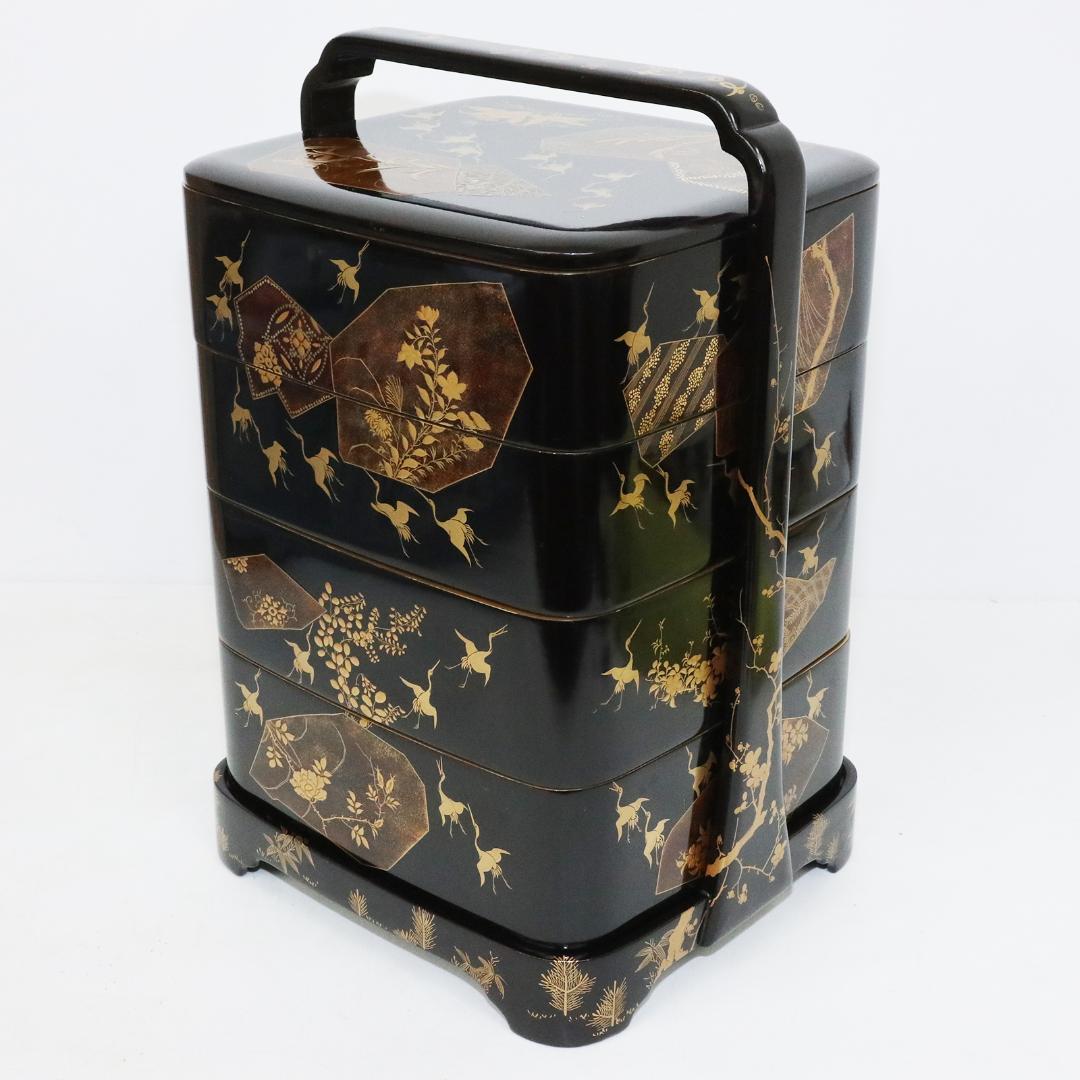 蒔絵 金彩 漆器 重箱 4段 梨地 岡持ち 木製 木箱付き