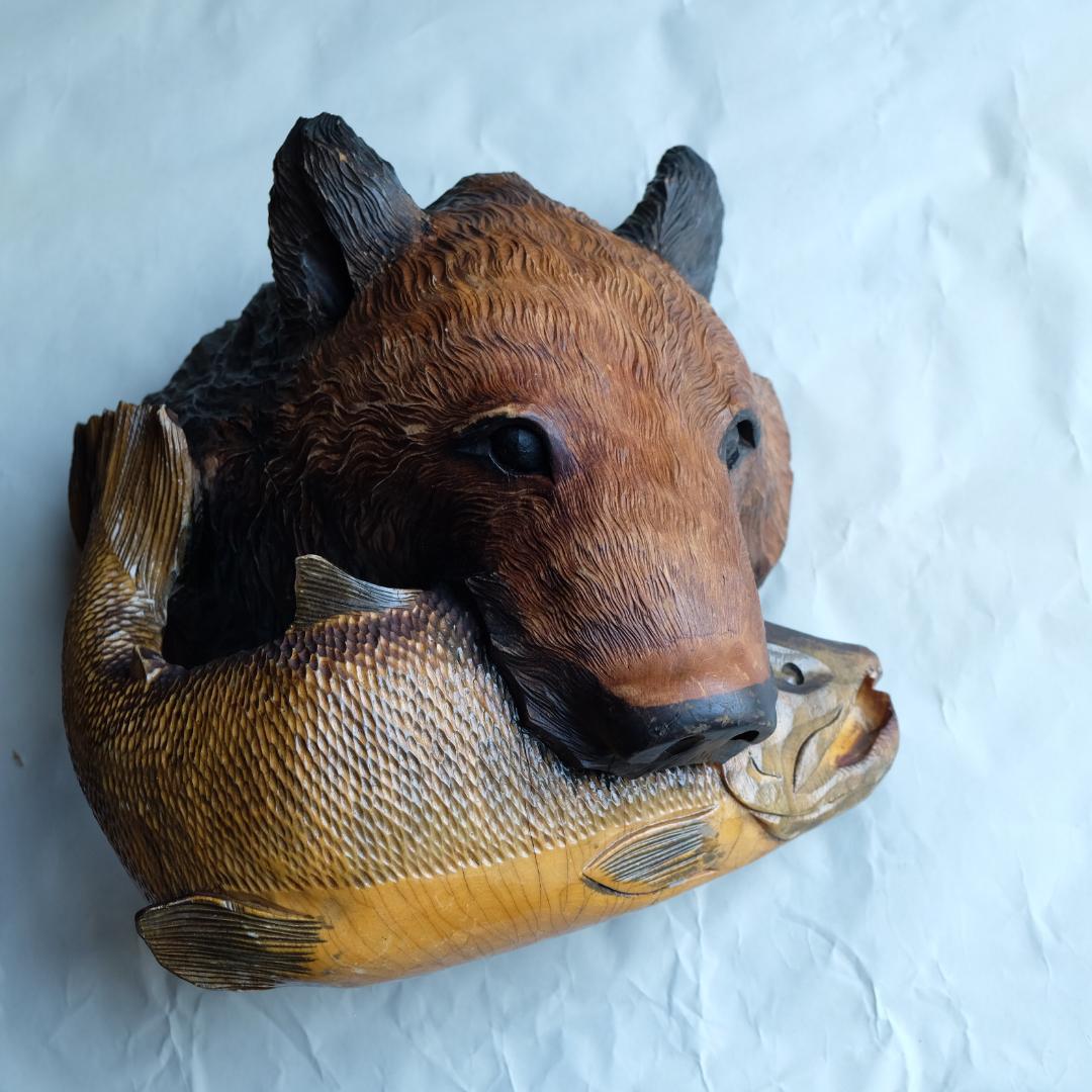 熊マスク／壁掛け／木彫りの熊／鮭