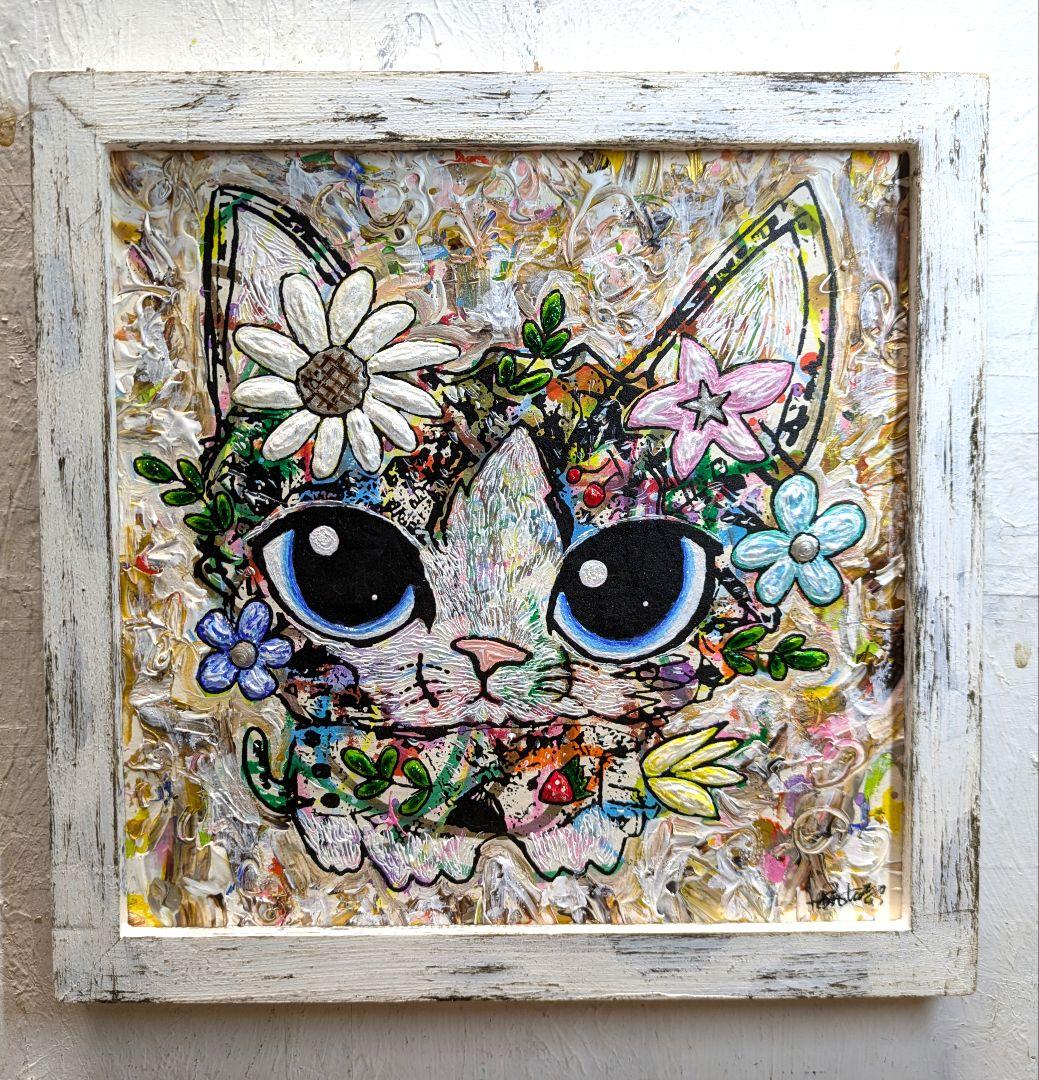 手作り額付き作品　title「花月ニャンコ」