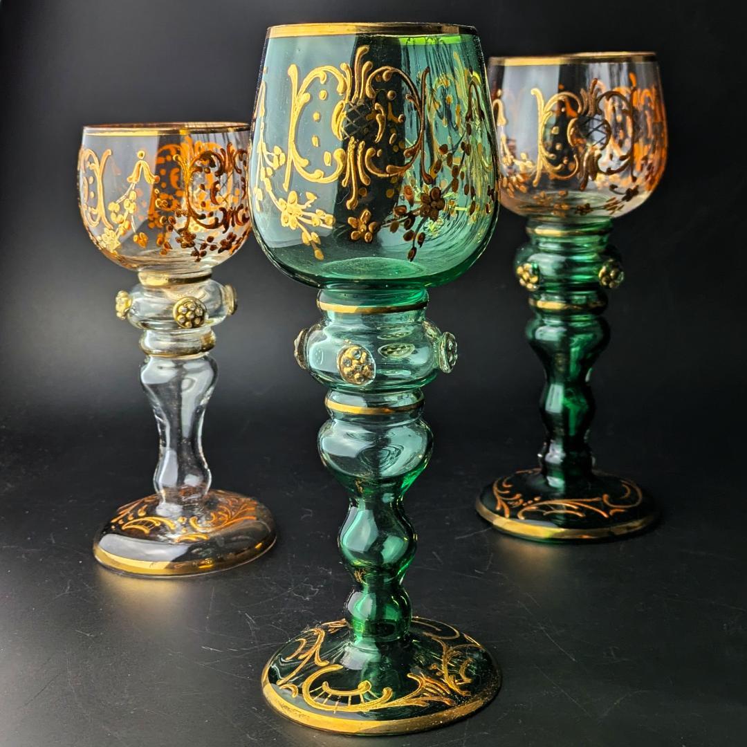 モーゼル金彩ルネサンス調ゴブレット3客 希少ヴィンテージ ボヘミア皇室御用達美品