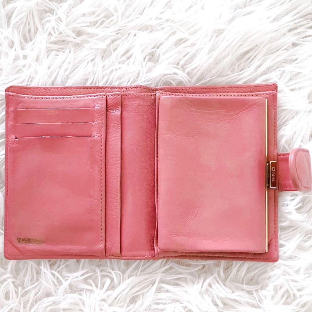 CHANEL 二つ折り財布 ココマーク キャビアスキン レザー がま口 箱付き