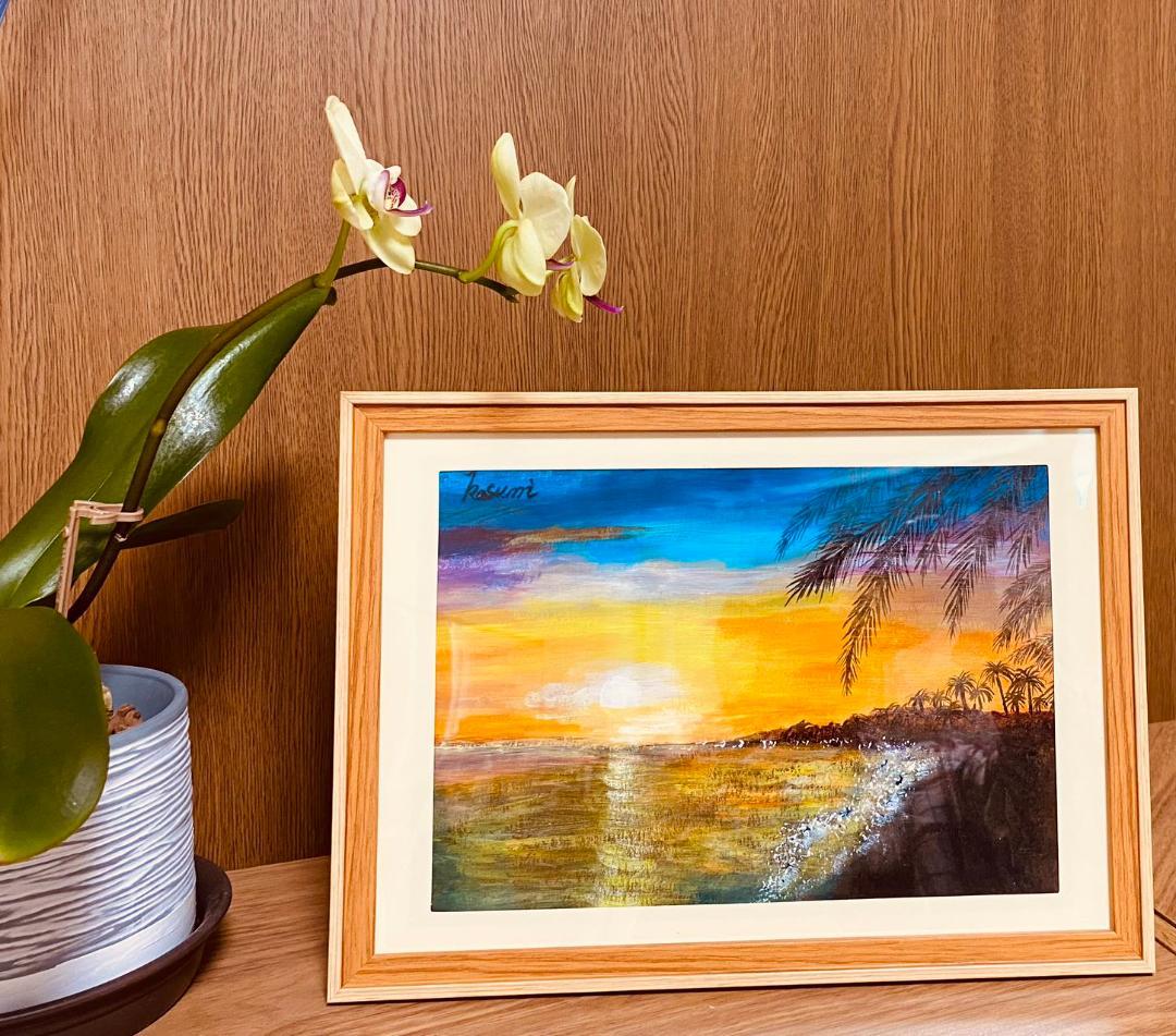 绘画「南国の夕烧け」アクリル絵/新品額縁
