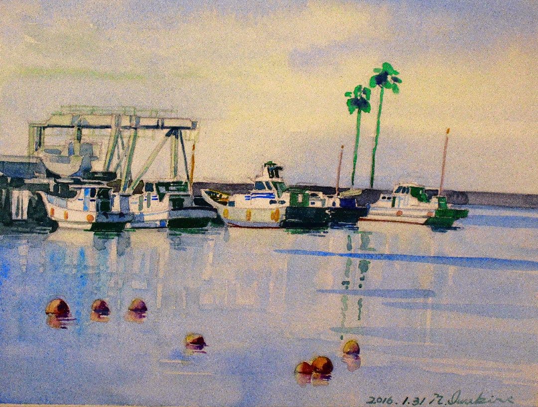 港の風景 水彩画 2016年 F6サイズ 額装済み