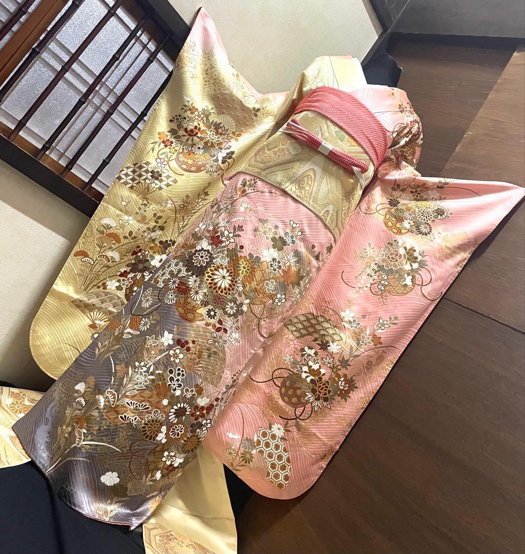 振袖フルセット6点サイズM〜Ｌ花籠文　暈し染め　金彩　正絹