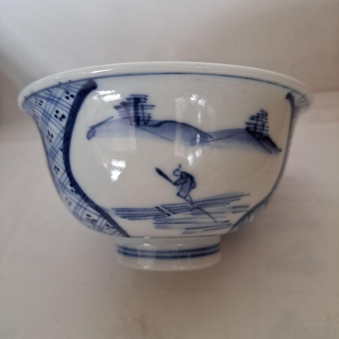 お値下げ中　　中国古玩　明時代　盛化年　薄焼　反縁椀　染付青磁　縦三割文