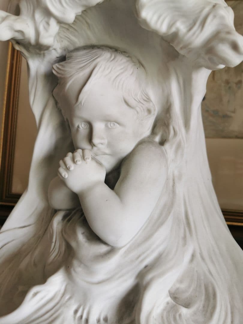 アンティークフランス 大型素焼きビスク彫像塑像 少年の祈り 作家物サイン刻印