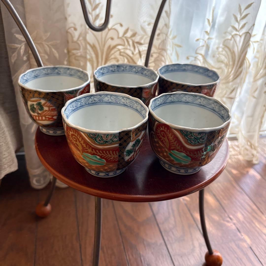 期間限定最終処分特価逸品古伊万里色絵蕎麦猪口　完品五客セット大きめ　素敵な雰囲気