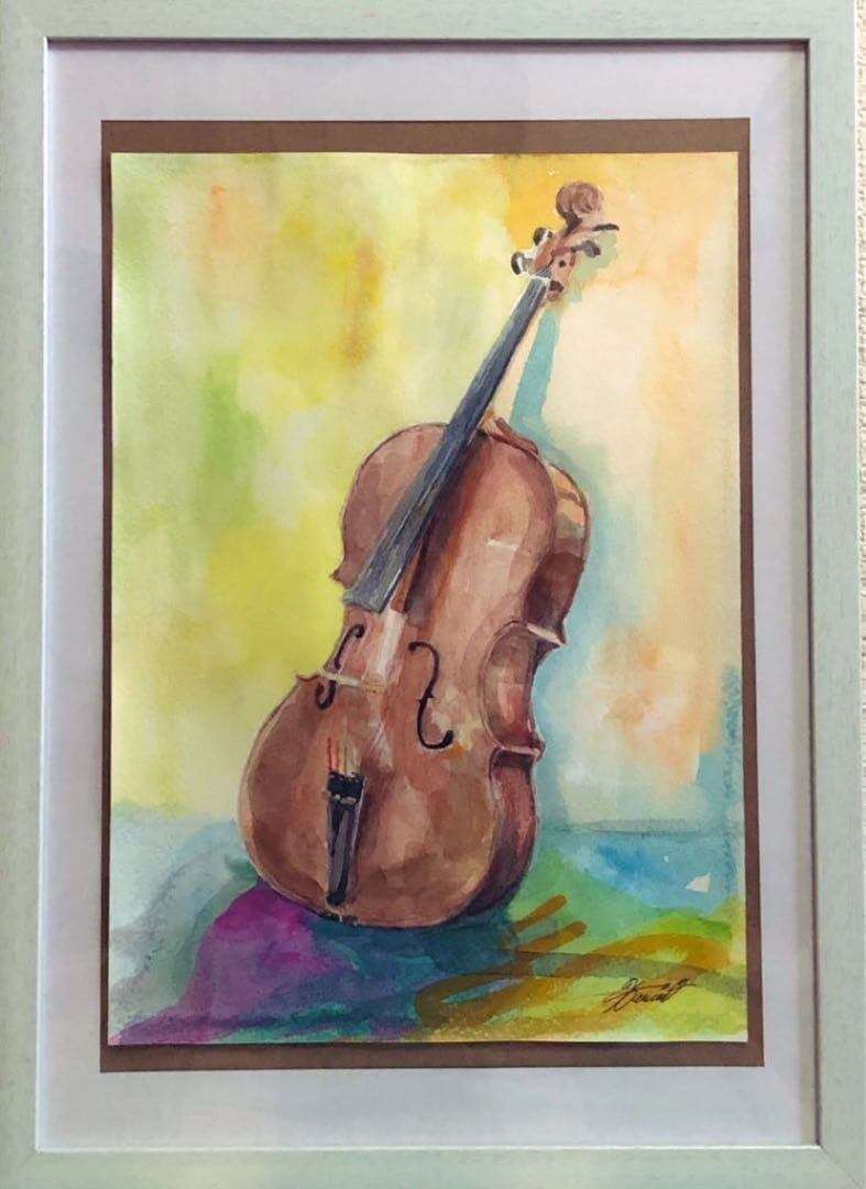 絵画　一点物　チェロ　micchan作　額A3サイズ
