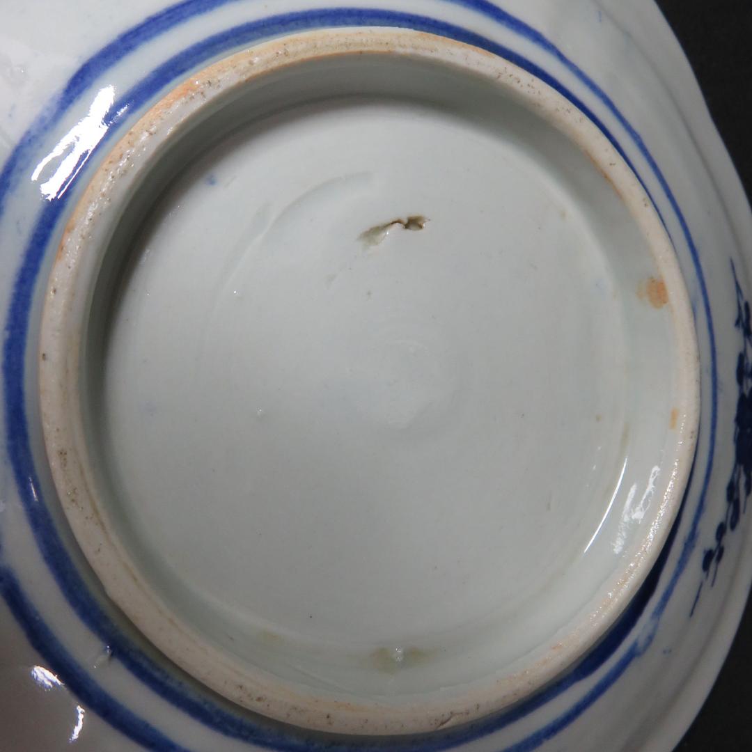 長丸皿 3枚 歪み 変形皿 花唐草 印判 染付 明治 大正