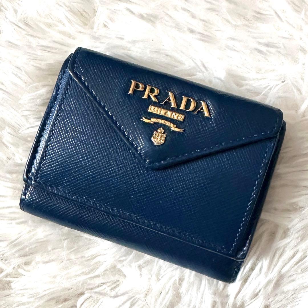 PRADA プラダ 三つ折り財布 サフィアーノレザー ネイビーブルー