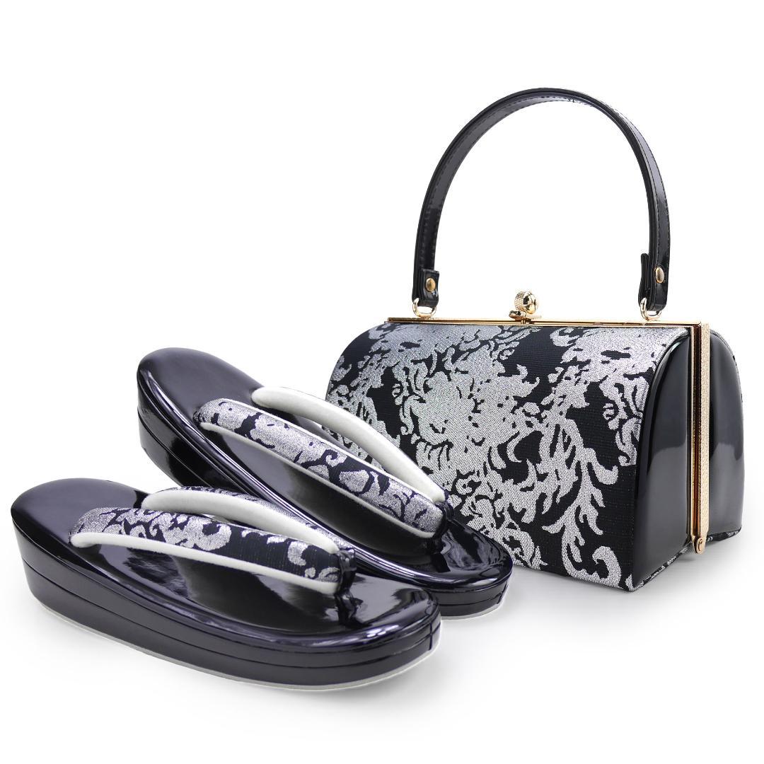 草履バッグセット 帯地 振袖 成人式 結婚 留袖 黒 銀 uzouri114-2