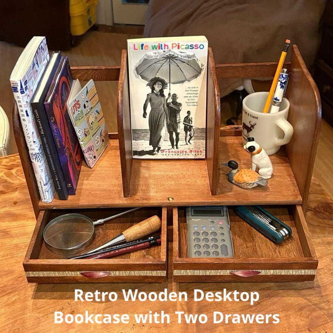 「欅無垢材 真鍮鋲 ヴィンテージ 卓上本立て 2段引き出し付き」