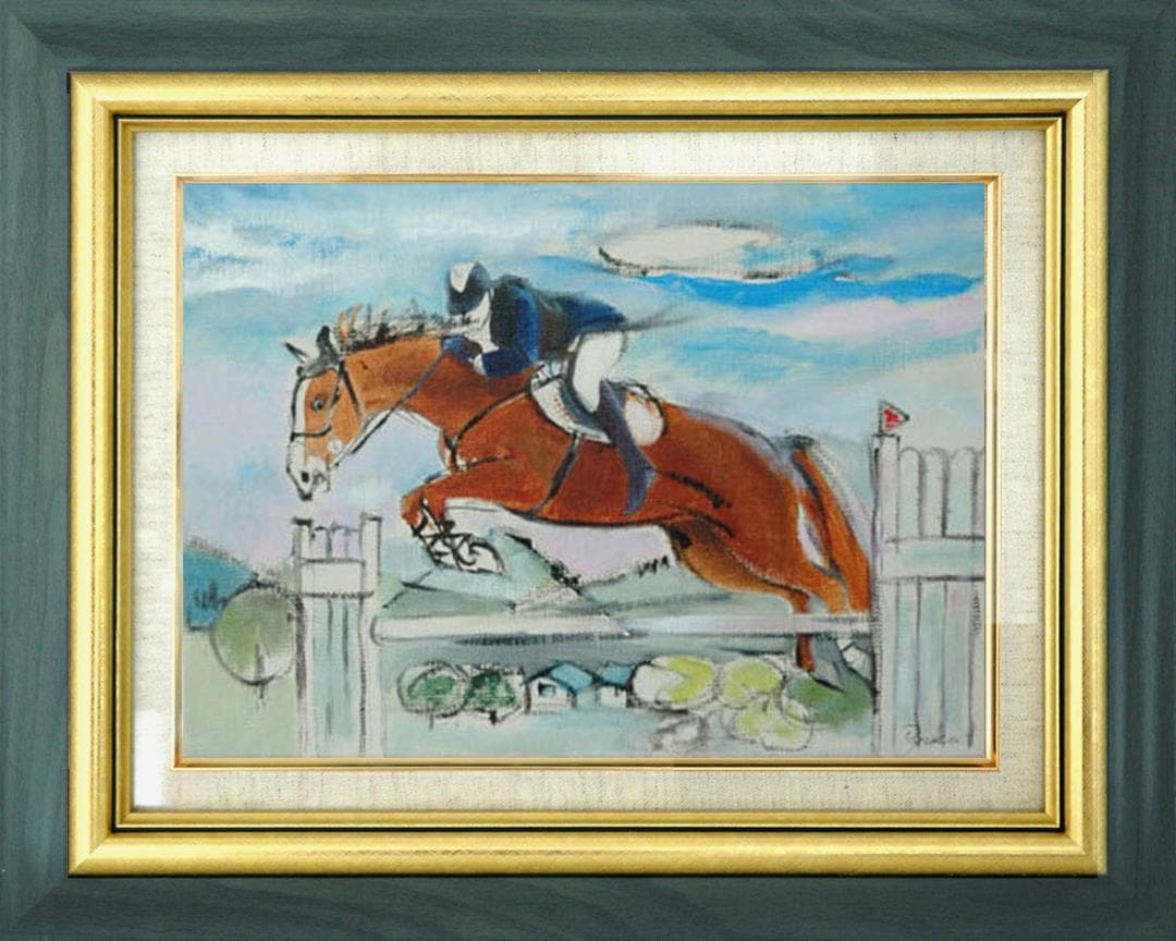 油絵 菅家令子 絵 絵画インテリア額付(青緑＋金色の枠) F4-121712乗馬