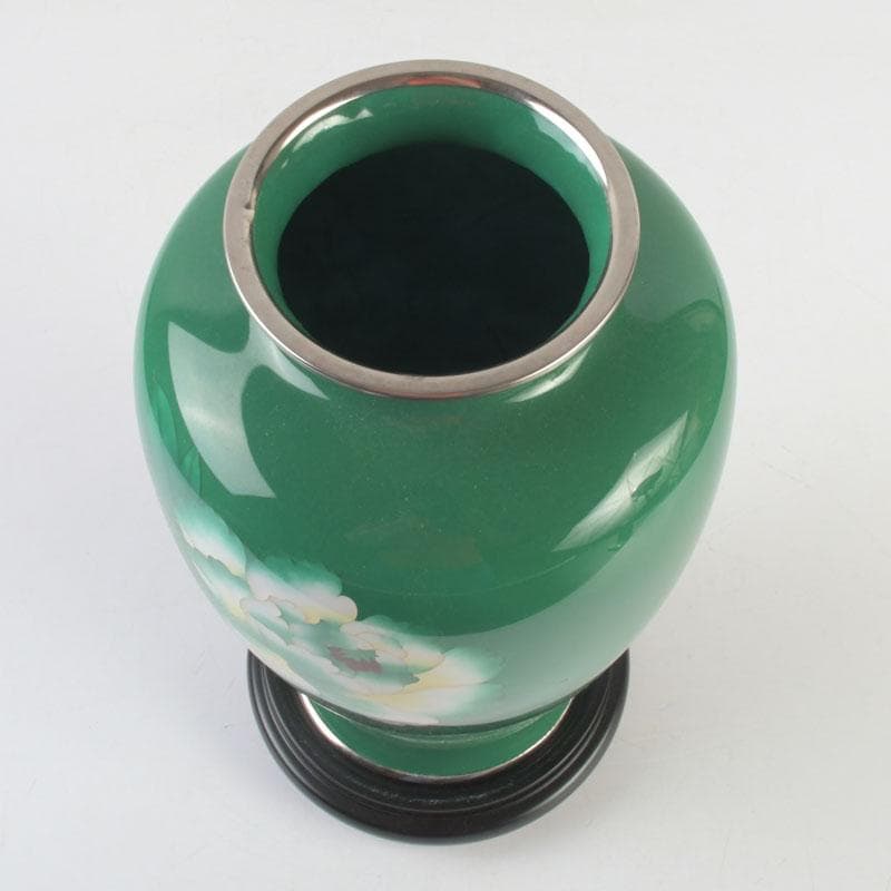 七宝焼　緑釉　牡丹文　花瓶　唐木台付　V　9324