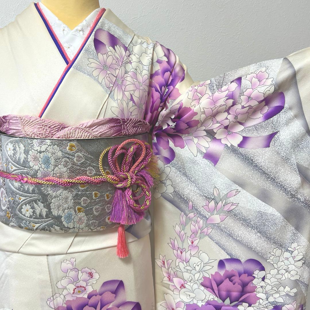 415 振袖フルセット 正絹 オフホワイト 紫 銀彩 たたき染め 暈し染め 比翼