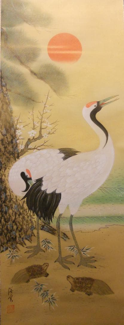 掛け軸 渓雲 老松鶴 絹本 希少 軸装 茶道具 掛軸 美品 です。