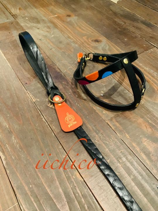 犬用リード＆ハーネス2点セット　Black革orange系マルチドット