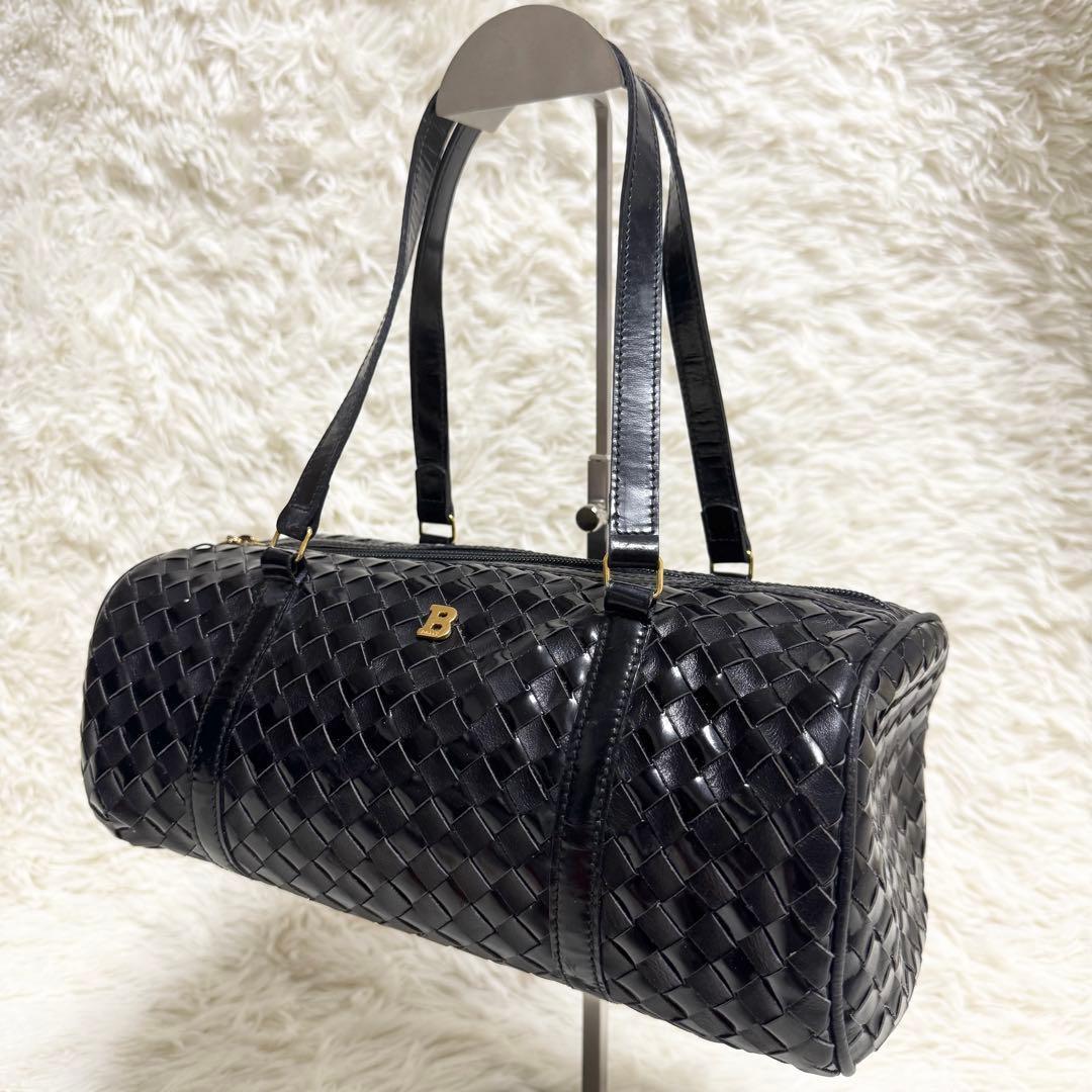 美品✨BALLY ハンドバッグ 編み込み メッシュ 金ロゴ レザー ブラック