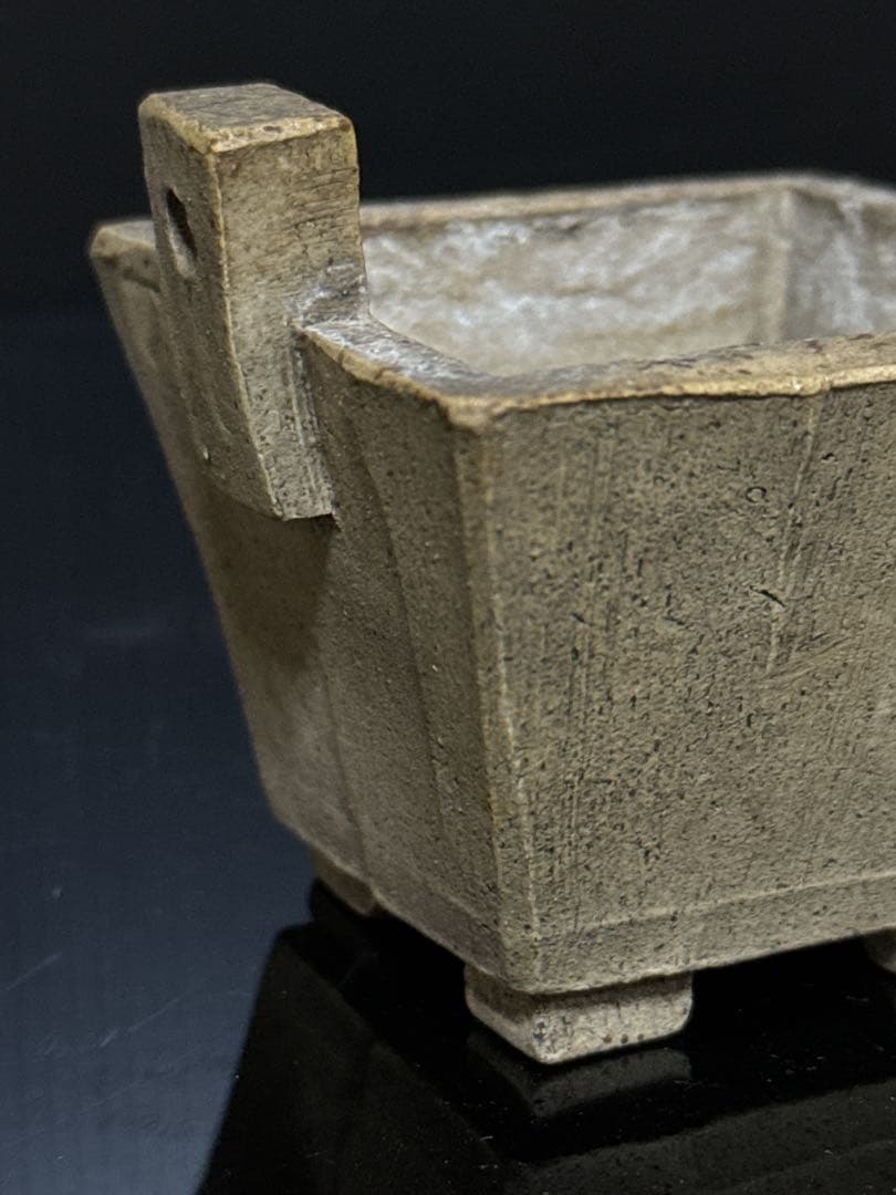 珍品 平安 名人 東福寺 在銘 白泥 耳付箆目四方型 香炉 盆栽鉢 水盤 初期