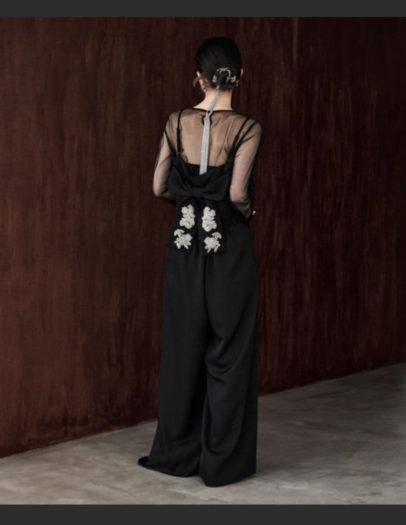 3piece刺繍リボンビスチェ&タックワイドパンツセットアップ