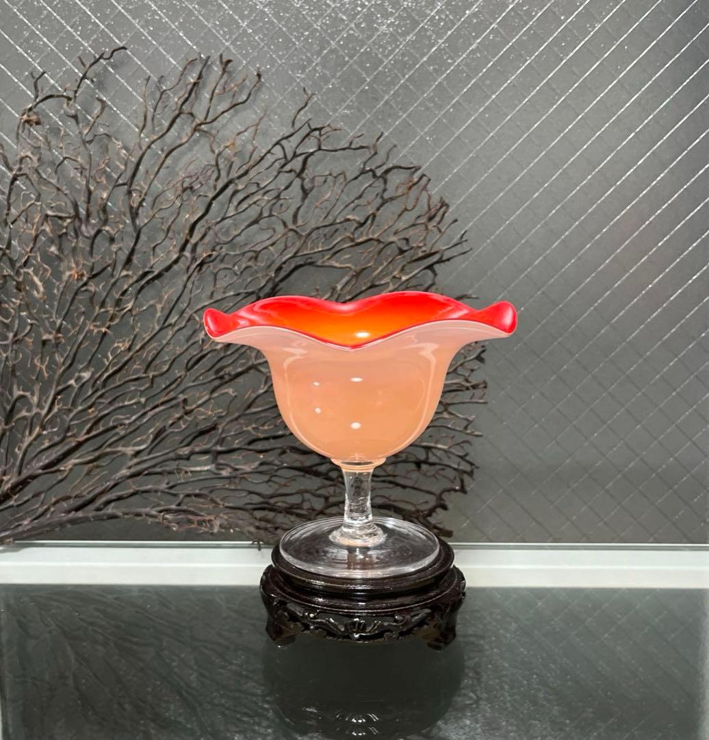 骨董　時代　２色バイカラーフリル 乳白色ガラス　橙色　脚付コンポート　菓子器