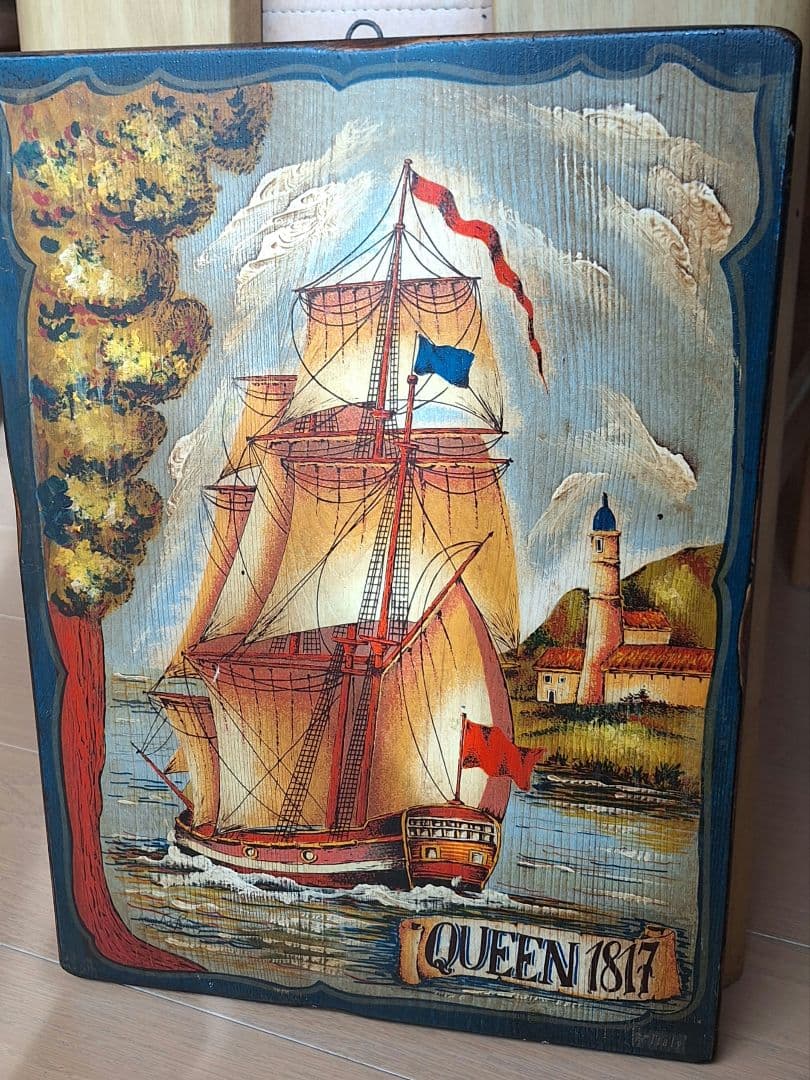 アンティーク　イタリア製　手描き木製　帆船　クイーン1817