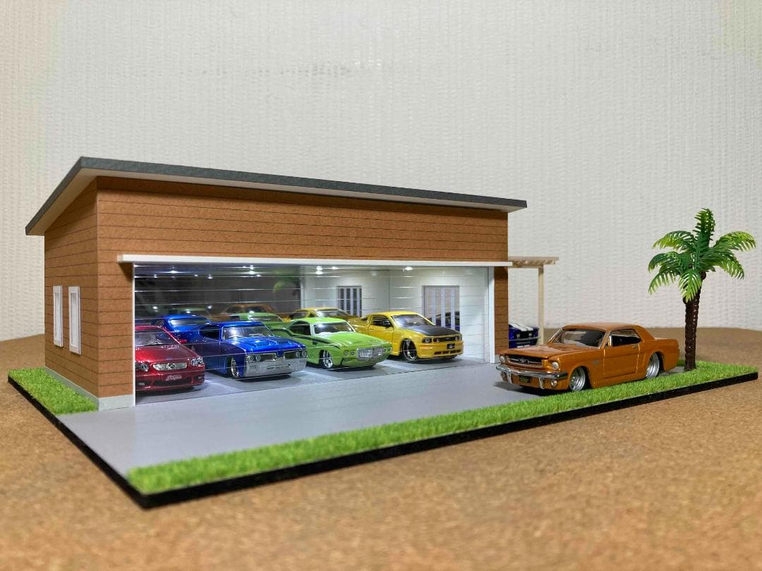 ミニカー専用ジオラマ：1/64 木造パーゴラ付ガレージ（ブラウン）期間限定セール
