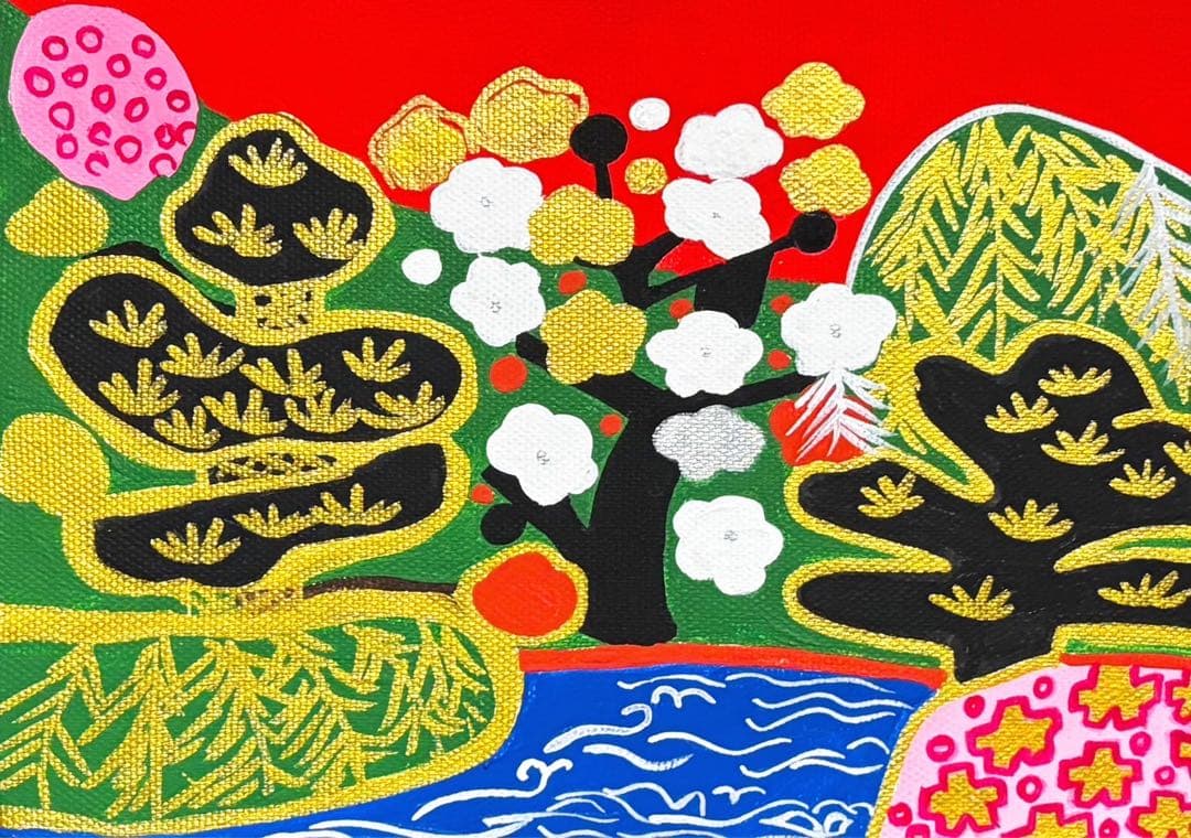 【F4号】手描き油彩　片岡球子【富士に献花】赤富士　額縁　サイン　落款　絵画