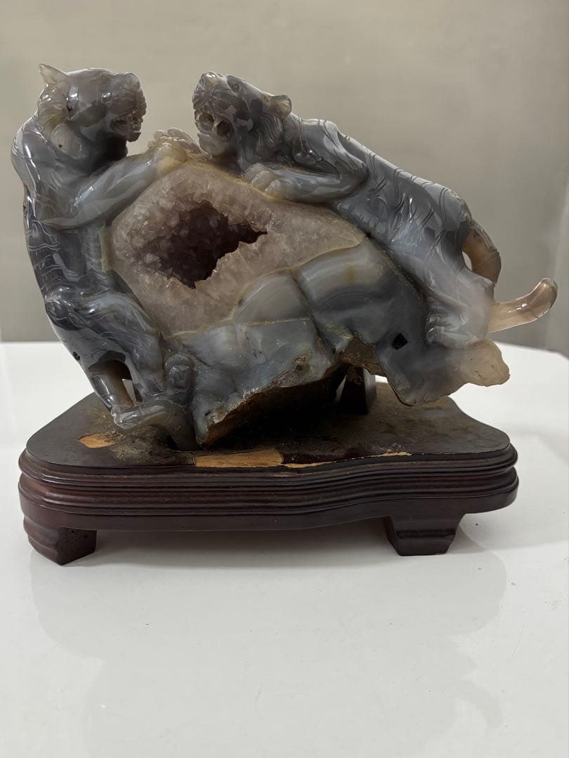 瑪瑙 双虎彫刻置物 希少 中国