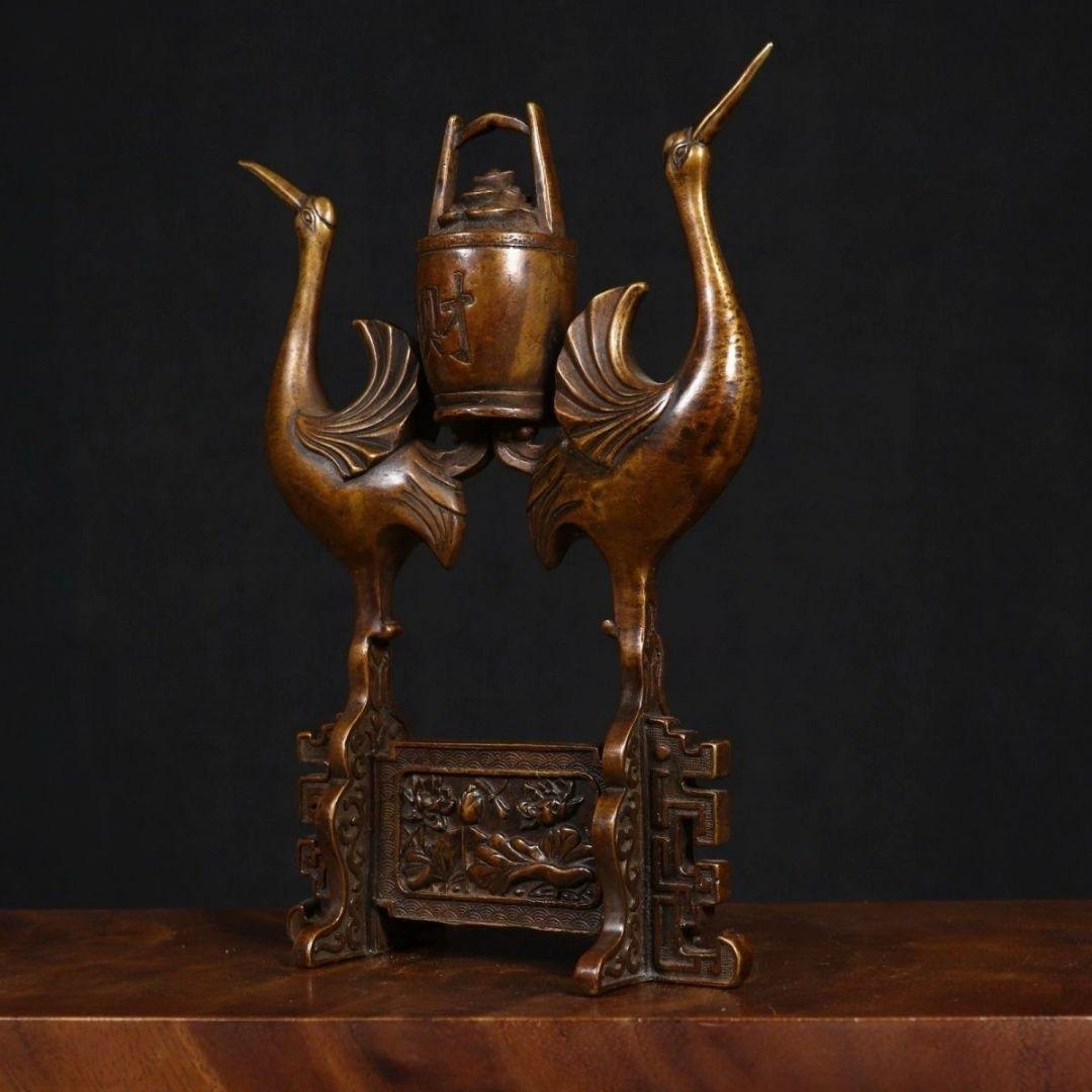 銅製 双鶴送財 茶室 執務室 書斎 応接間 玄関 招財 置物 装飾品 工芸品