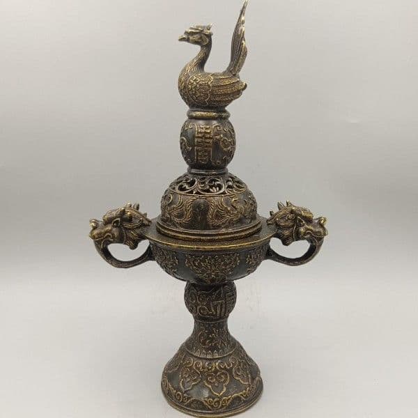 銅器 高脚双龍飛鳳薫香炉 客間茶室書斎華貴 大方得体薫香炉 装飾品 工芸品 置物