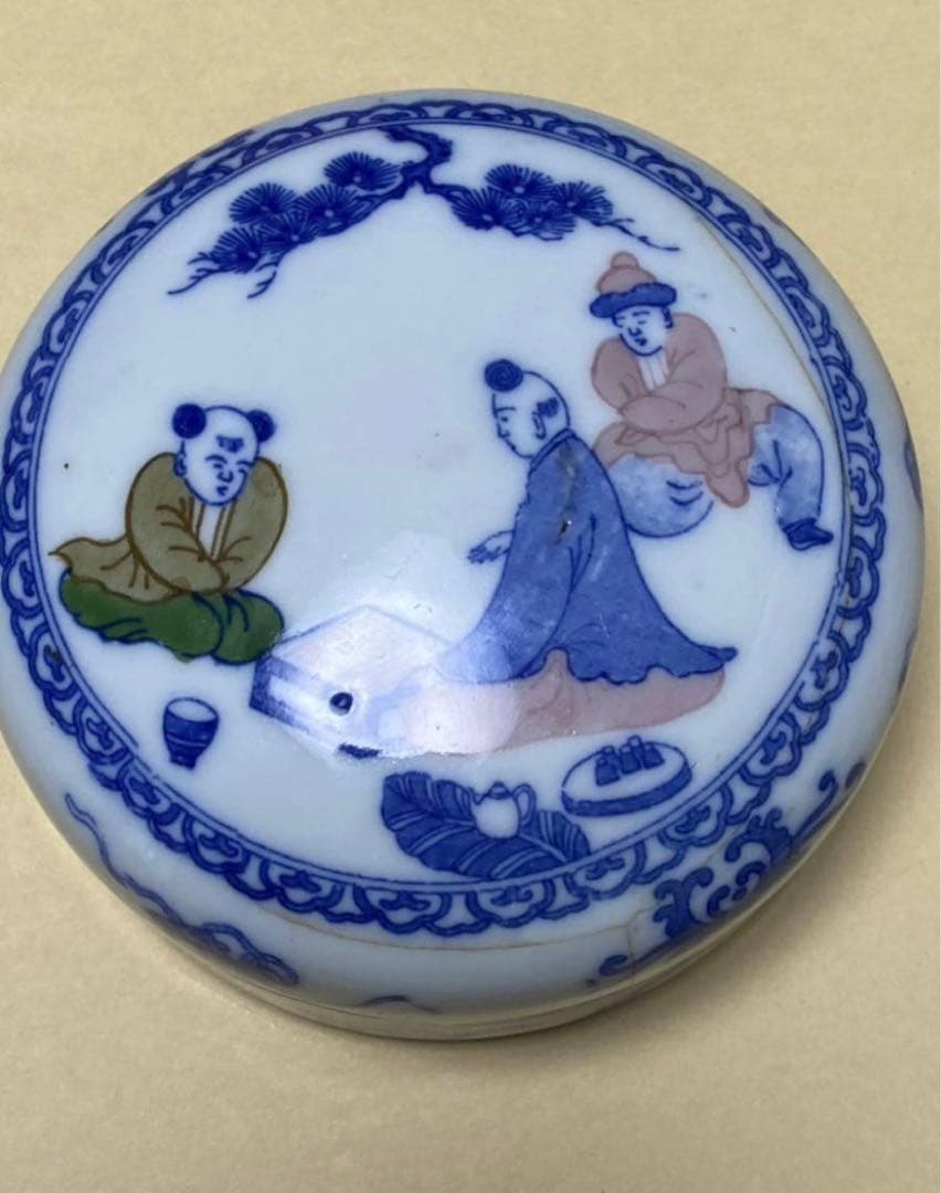 中国美術 古伊万里 人物青花香盒 染付 骨董 年代品
