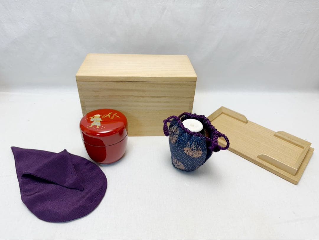 ほぼ未使用 茶道具 玄々斎好写 出合桟蓋 茶通箱 木製朱塗 蒔絵棗 大津袋 茶入