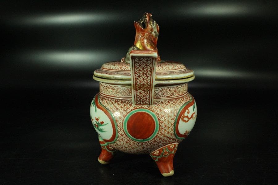 古美術 赤絵 獅子蓋 香炉 時代物 骨董 希少(K-YC530)