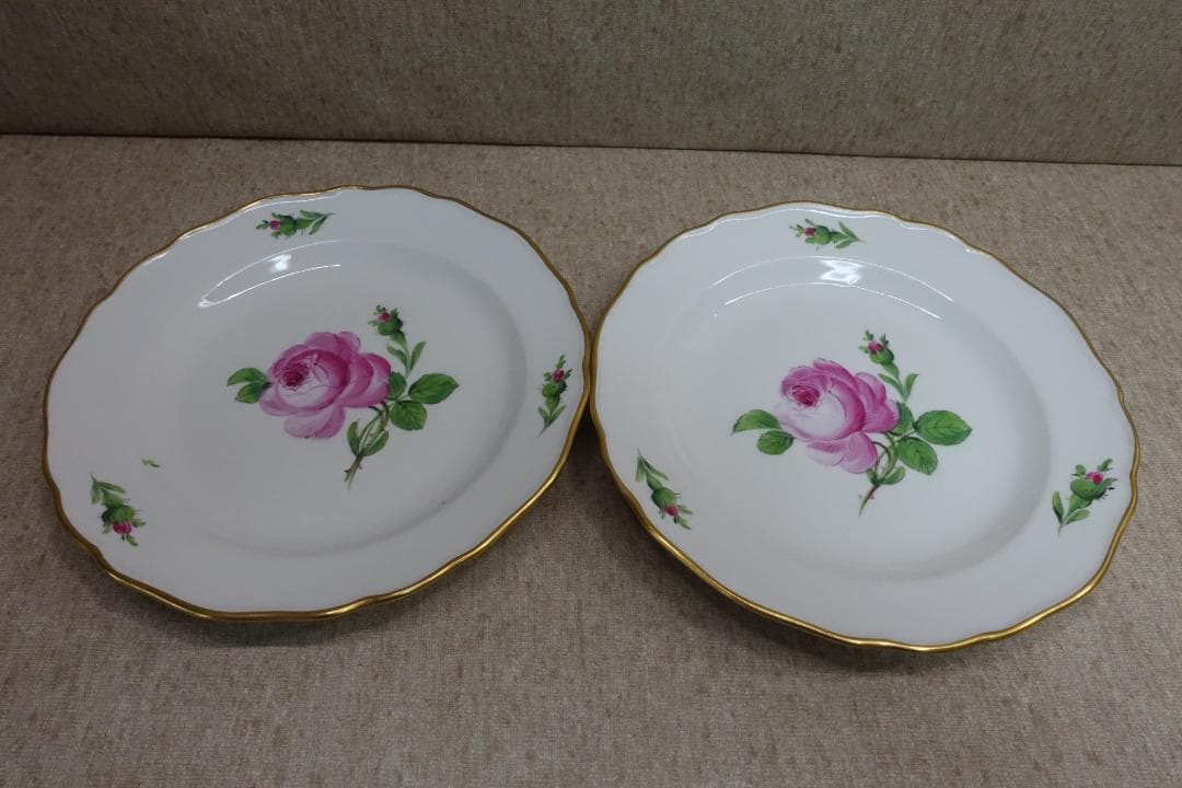 マイセン ピンクローズ 金彩プレート ペア スクラッチ