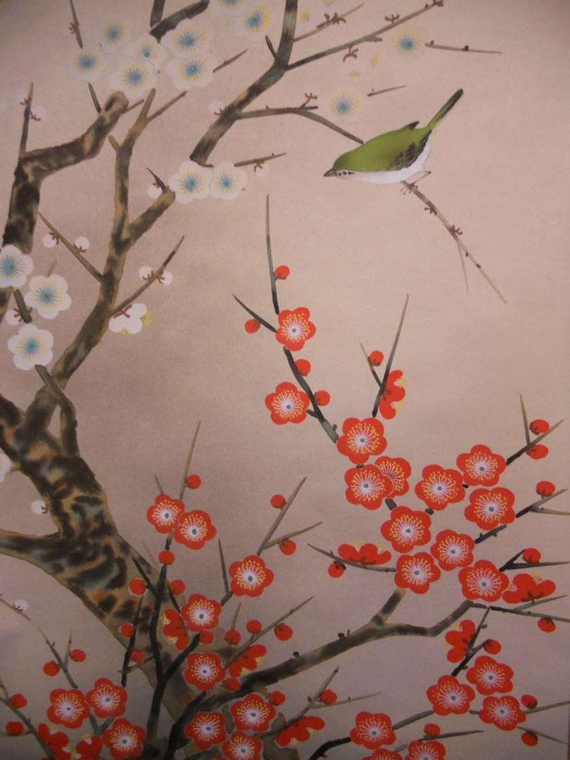 掛け軸 平松耕一 紅白梅に鶯 絹本 希少 軸装 茶道具 掛軸 美品 です。